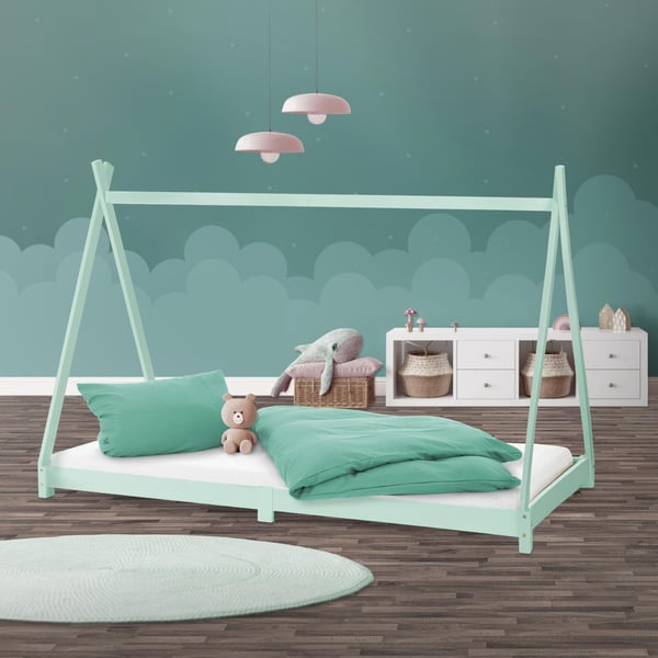 ML Design COT TIPI 90 x 200cm med slattedramme, mynte, indisk seng lavet af massivt træ, hus seng til piger og drenge, børnehus ungdoms seng træ seng