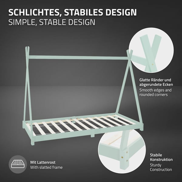 ML Design COT TIPI 90 x 200cm med slattedramme, mynte, indisk seng lavet af massivt træ, hus seng til piger og drenge, børnehus ungdoms seng træ seng