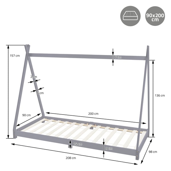 ML Design COT TIPI 90x200cm med slattedramme, lysegrå, indisk seng lavet af massivt træ, hus seng til piger og drenge, børnehus ungdoms seng træ seng
