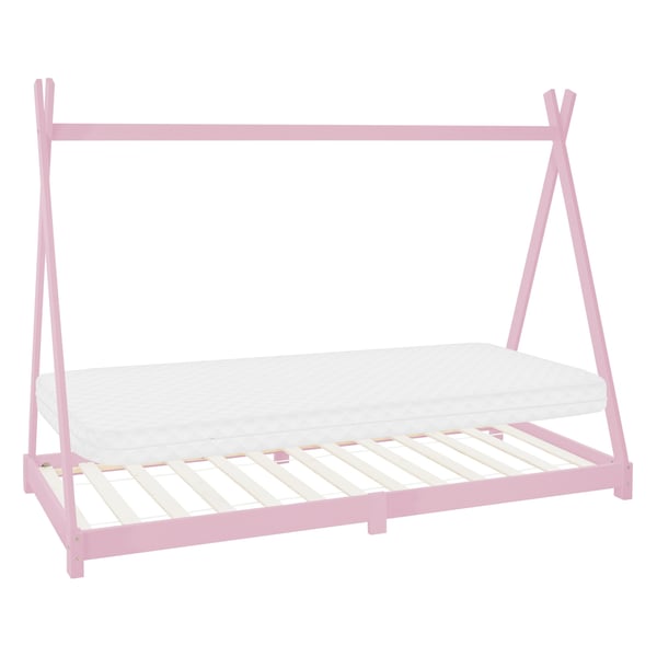 ML Design Cot Tipi 90 x 200cm kanssa slotted runko, vaaleanpunainen, intialainen sänky massiivipuuta, talonpohja tytöille, lasten talon nuoriso bed