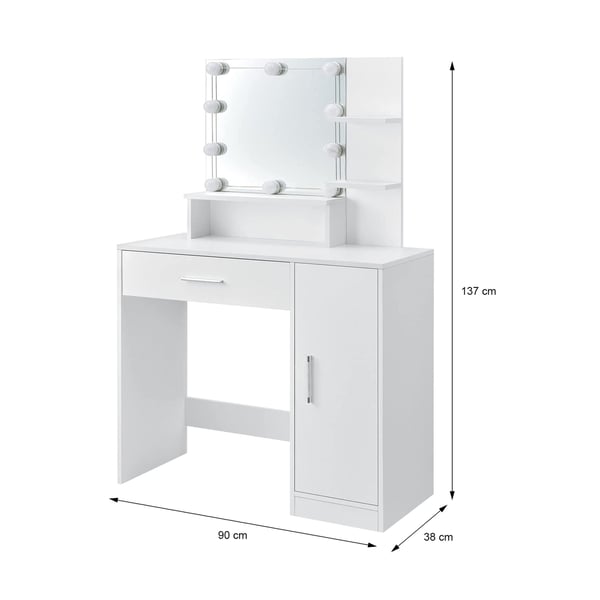 ML Design toiletbord hvid, frisørbord med LED-belysning, spejl, 1 skuffe, 3 rum og skab, 90x38x137 cm, kosmetisk bord til damer og piger