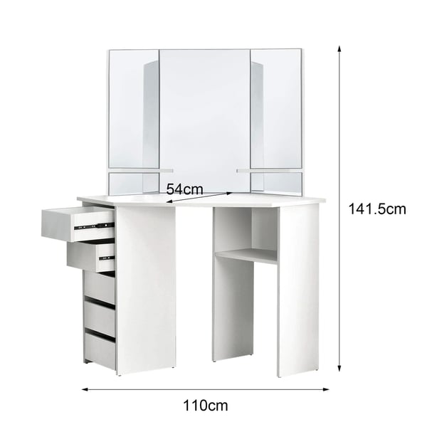 ML Design hjørne Raffinish Table White, toiletbord med 3 spejle, 5 skuffer og 3 opbevaringsrum, 110x141,5x54 cm, kosmetisk bord til damer og piger