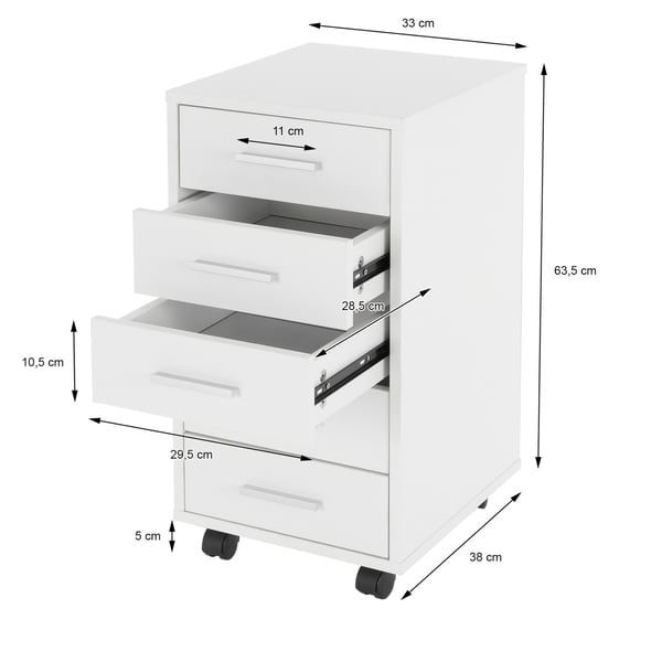 ML-Design rullecontainer med fem skuffer, hvid, 33x38x63,5cm, melaminharpiks belagt spånplade, mobil arkivskab, kontor kabinet på hjul