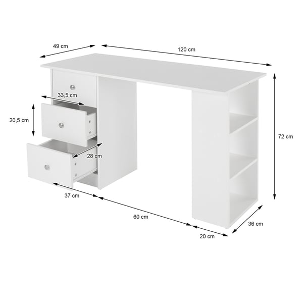 ML-Design skrivebord med 3 skuffer og 3 hylder, opbevaring, hvid, 120x49x72 cm, Computer bord Office-bord Desk laptop bord opbevaring hylde PC bord