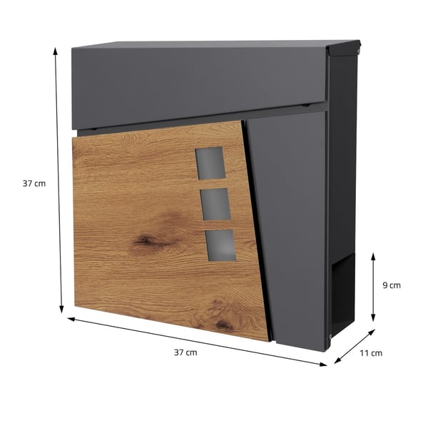 ML-Design Postkasse 37x36;5x11 cm Antracit/træ-look af stål; postkasse med avisfag; låsbar med 2 nøgler; moderne design vægpostkasse med avisrulle;