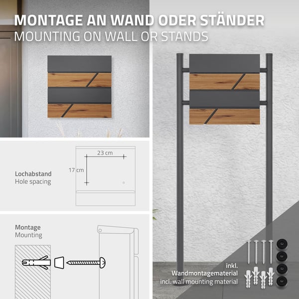ML-Design Postkasse 37x36;5x11 cm Antracit/træ-look af stål; postkasse med avisfag; låsbar med 2 nøgler; moderne design vægpostkasse med avisrulle;