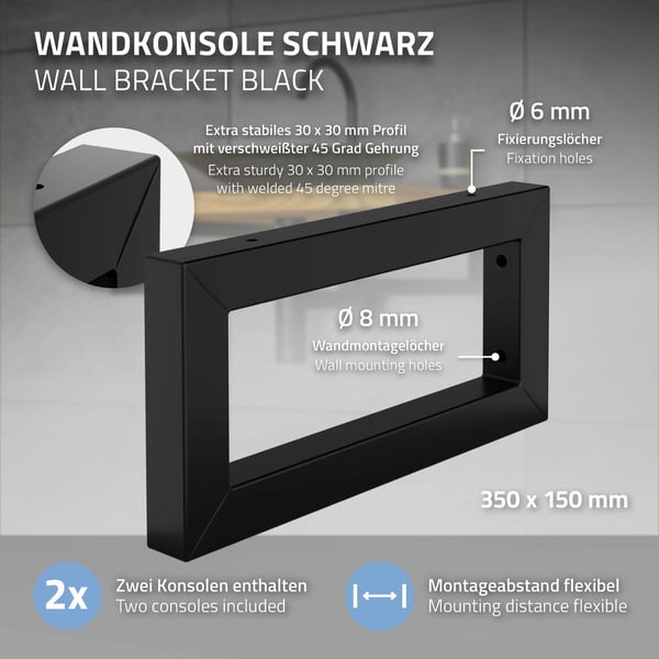ML-Design 2-pack Väggkonsol för tvättställ; 350x150 mm; Svart; Stål; Design Tvättställshållare; Väggmontering för tvättställsskiva; Konsolhållare