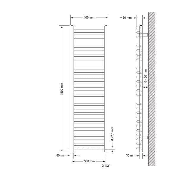 Opvarmet håndklæde radiator med opvarmning element 1200 W ECD Germany Model Sahara 400 x 1500 mm antracit bøjet sidetilslutning håndklædeholder