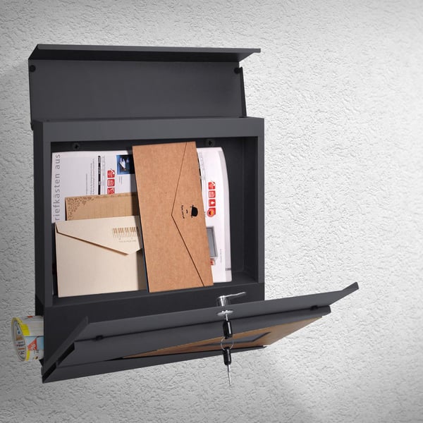 ML-Design Postkasse 37x36;5x11 cm Antracit/træ-look af stål; postkasse med avisfag; låsbar med 2 nøgler; moderne design vægpostkasse med avisrulle;