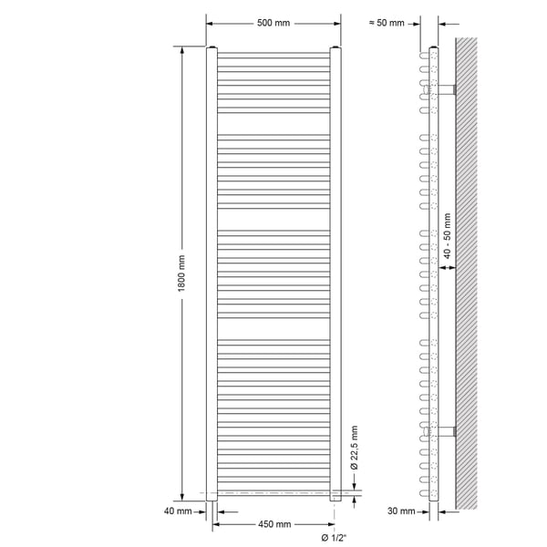ECD Germany Elektrisk Håndklædetørrer med Varmestav 1200W Stor Effekt - 500 x 1800 mm - Antracit - Buet med Sideforbindelse - Håndklædetørrer