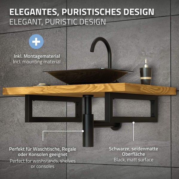 ML-Design 2-pack Väggkonsol för tvättställ; 400x150 mm; Svart; Stål; Design Tvättställshållare; Väggmontering för tvättställsskiva; Konsolhållare