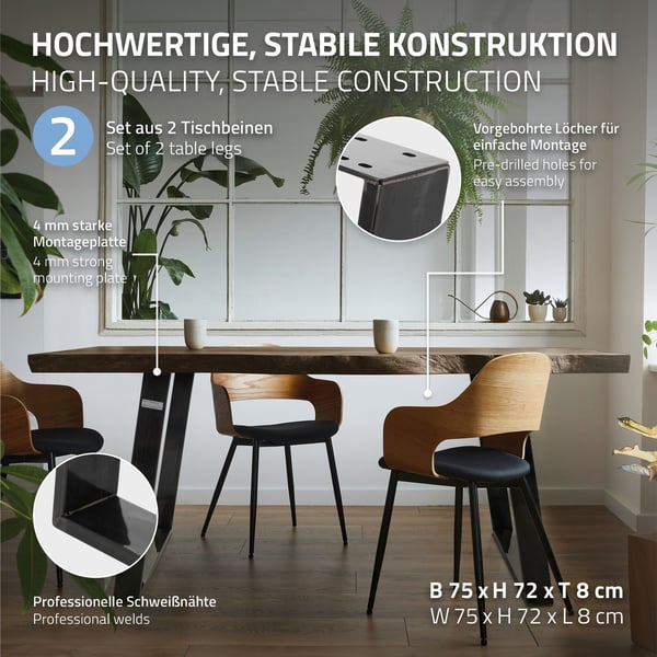 ML-Design 2 stk. Bordben med 80 graders hældning; 75x72 cm; industrielt look; profil 8x2 cm; skrå bordben; metal møbelben; stål bordstel med
