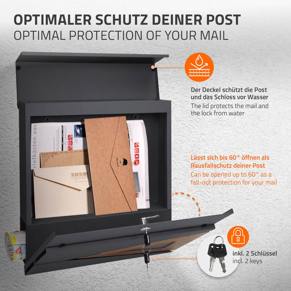 ECD Germany Standbriefkasten med avisfag; design brevkasse med stolpe; brevkasseanlæg; brevkassestativ Anthrazit 120cm pulverlakeret rustfrit stål;