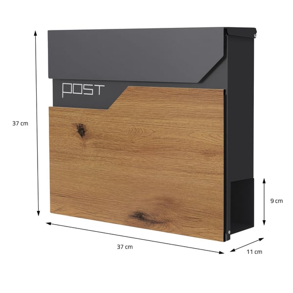 ML-Design Postkasse i antracit trælook; pulverlakeret rustfrit stål; 37x37cm; postkasse med avisfag; låsbar med 2 nøgler; design vægpostkasse med