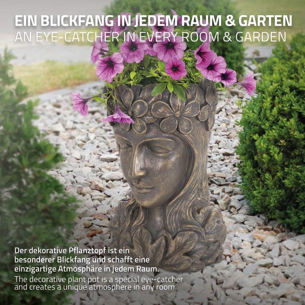 ML-Design Pflanztopf Frauenkopf Figur 21x16x32 cm Bronze Kunstharz; Innen/Außen; Groß Büste Skulptur; Weiblich Mädchen Statue Dame Gesicht