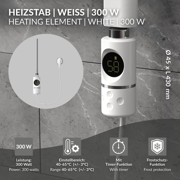 ML-Design Varmestav 300W Hvid med termostat og LCD-skærm; Elektronisk temperaturregulator og timing-funktion; Varmelegeme til badeværelsesradiatorer;