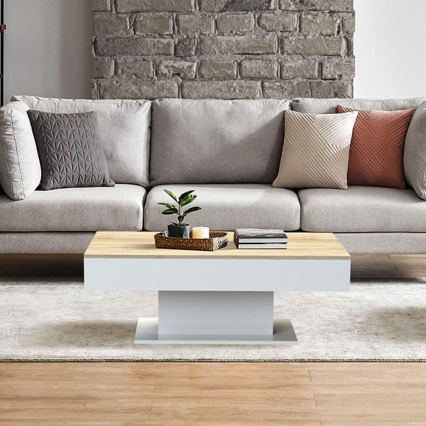 ML-Design sohvapöytä; jossa on 2 säilytystilaa liukulasin alla; tammiviilu/valkoinen; 110 x 60 x 40 cm; olohuoneen pöytä 2 säilytystilalla; sivupöytä