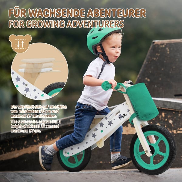 Joyz Træbalancecykel; Grøn; Løbecykel til børn fra 2 år; Træbalancecykel med justerbar sæde; punkterfri 11 tommer EVA-hjul; børnecykel med stofpose;