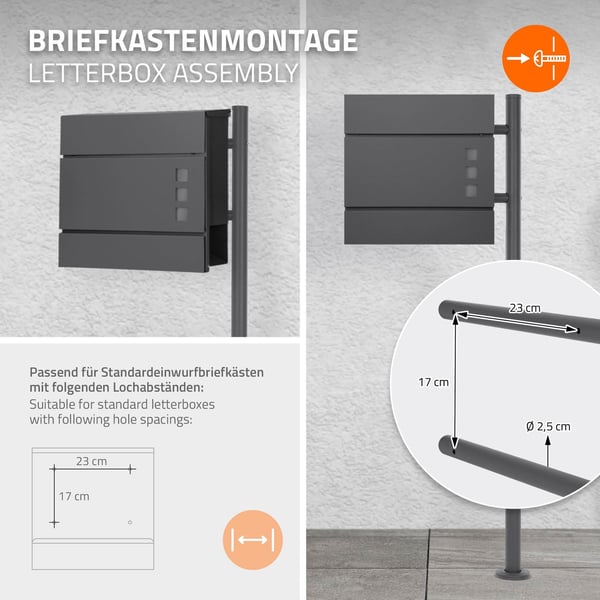 ML-Design Postkassestativ; pulverlakeret rustfrit stål; antracit; samlet højde 120 cm; rund; fritstående; postkassestolpe til skruefastgørelse;