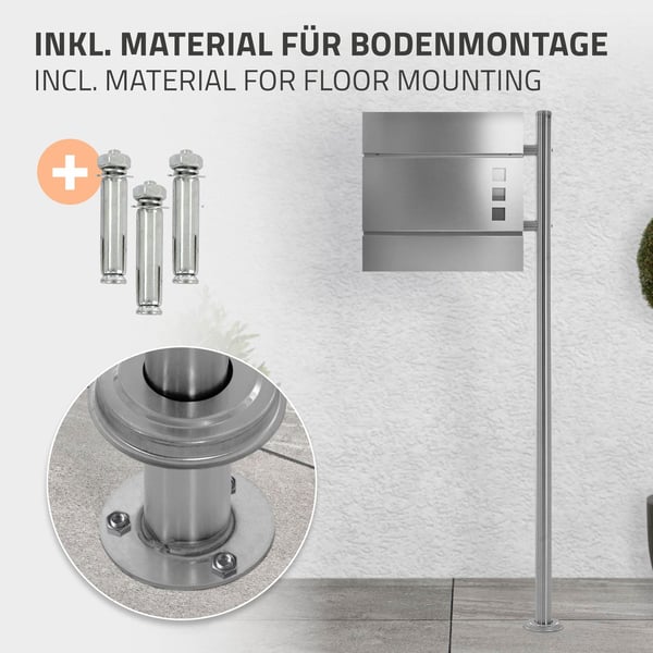 ML-Design Postkassestativ i rustfrit stål; sølv metallic; samlet højde 120 cm; rund; fritstående; postkassestolpe til skruemontering;