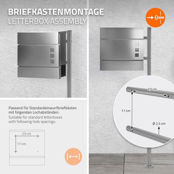 ML-Design Postkassestativ i rustfrit stål; sølv metallic; samlet højde 120 cm; rund; fritstående; postkassestolpe til skruemontering;