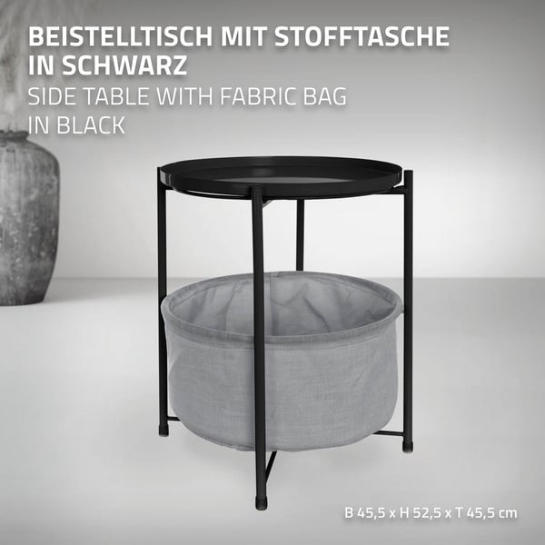 ML-Design Sivupöytä pyöreä Ø45;5 x K 52;5 cm; Musta; metallista valmistettu; sohvapöytä kankaalla varustetulla korilla ja irrotettavalla