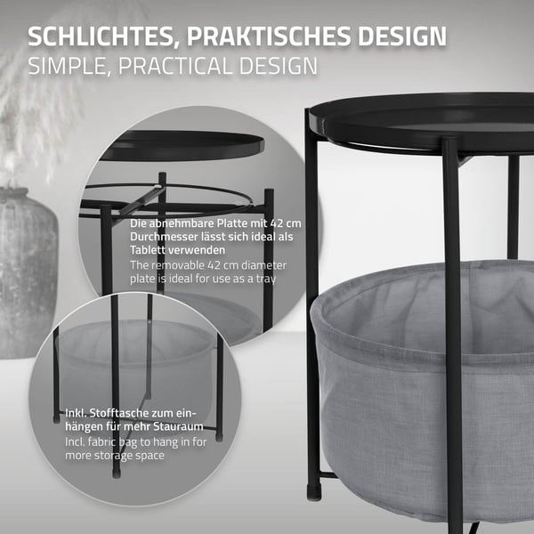 ML-Design Sivupöytä pyöreä Ø45;5 x K 52;5 cm; Musta; metallista valmistettu; sohvapöytä kankaalla varustetulla korilla ja irrotettavalla