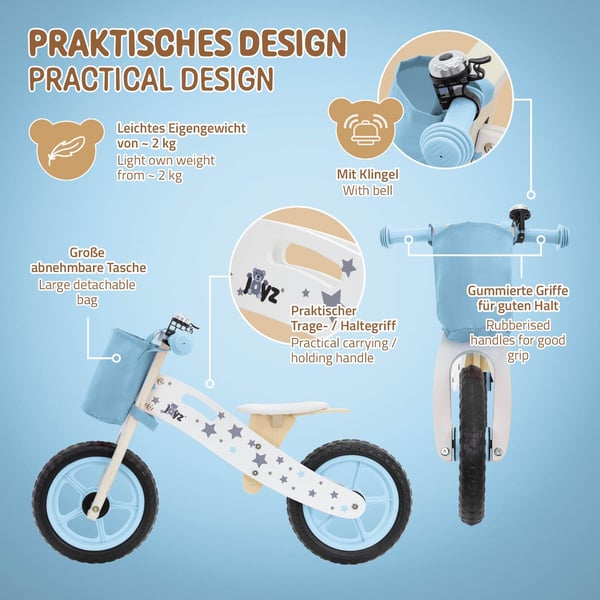 Joyz Træbalancecykel; Blå; Løbecykel til børn fra 2 år; Træbalancecykel med justerbar sæde; punkterfri 11 tommer EVA-hjul; Børnecykel med stofpose;