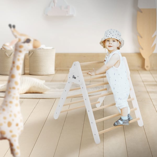 Joyz Klatretrekant til børn; hvid; indendørs klatrestativ af massivt træ; Pikler trekant; Montessori legetøj; trætrekant til baby fra 1 år;