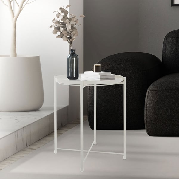 ML-Design Rundt sidebord Ø45 x H52 cm i metal; hvid; sofabord med aftagelig bakke; foldbart; stabilt; standsikkert; stuebord; sofabord; kaffebord;