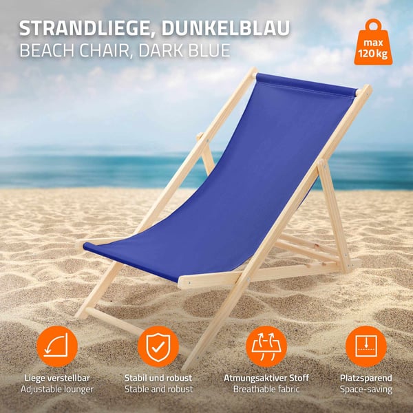 ECD Germany Foldbar solstol; Blå; af træ; justerbar ryglæn; 3 liggestillinger; op til 120 kg; solseng; havebænk; strandstol; foldbar træstol; til