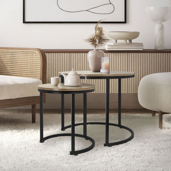 ML-Design Sivupöytä 2 kpl pyöreä Ø40x44cm/Ø60x52cm; Sonoma-tammiviiluinen MDF-levy; Mustat metallikehykset; Sivupöytäsetti; Kahdessa koossa olevat