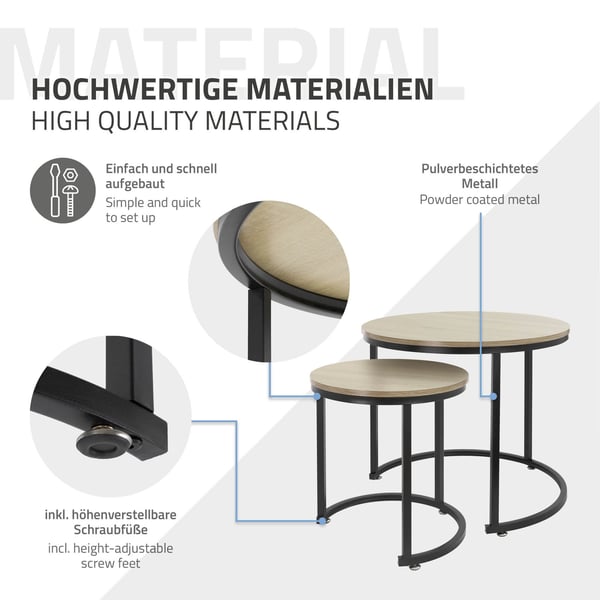 ML-Design Sivupöytä 2 kpl pyöreä Ø40x44cm/Ø60x52cm; Sonoma-tammiviiluinen MDF-levy; Mustat metallikehykset; Sivupöytäsetti; Kahdessa koossa olevat