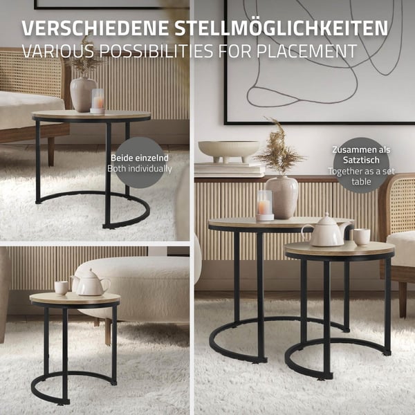 ML-Design Sivupöytä 2 kpl pyöreä Ø40x44cm/Ø60x52cm; Sonoma-tammiviiluinen MDF-levy; Mustat metallikehykset; Sivupöytäsetti; Kahdessa koossa olevat