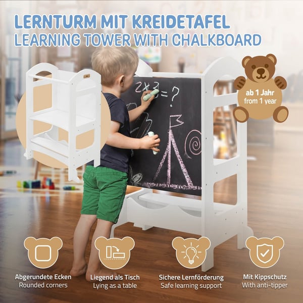 Joyz Læretårn til børn fra 1 år 2i1; Montessori læretårn med tavle; hvid/træ; Trinløs omdannelse til børnebord og -stol; Lærestol Højstol Skammel