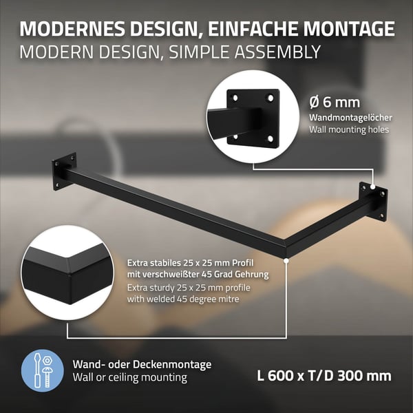 ML-Design Tøjstang i hjørnet til væggen; T30cm x B60cm; Sort; af rustfrit stål; Garderobestang i L-form; Tøjstativ til vægmontering; Garderobeholder;