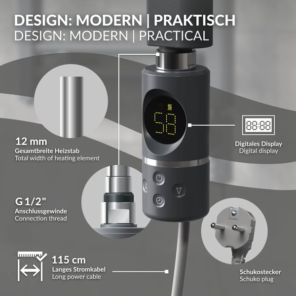 ML-Design Varmestav 300W Antracit med termostat & LCD-skærm; Elektronisk temperaturregulator & timing-funktion; Varmelegeme til