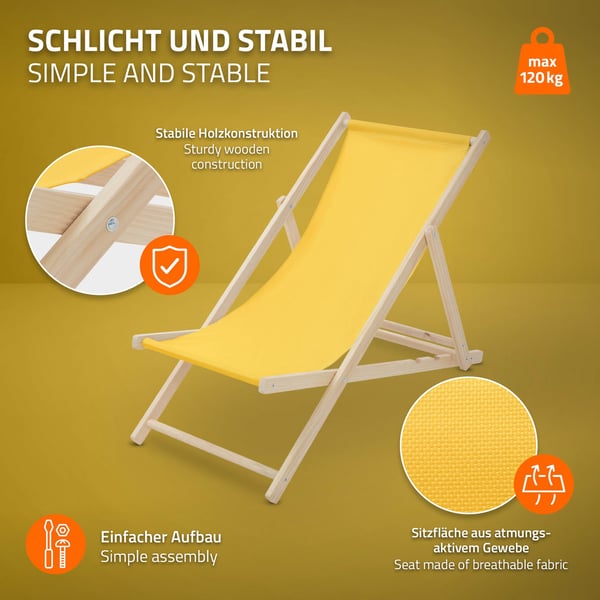 ECD Germany Klappelstol; Gul; af træ; justerbar ryglæn; 3 liggestillinger; op til 120 kg; solseng; havebænk; strandbænk; træklappelstol; til have;