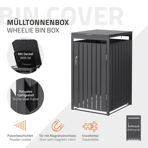 ML-Design Affaldsbeholderboks til 1 beholder; 240L; 68x80x116;3 cm; Antracit; Stål; vejrbestandig; Låsbar affaldsbeholderbeklædning med klaplåg og