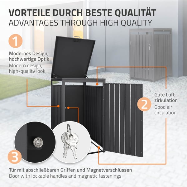 ML-Design Affaldsbeholderboks til 1 beholder; 240L; 68x80x116;3 cm; Antracit; Stål; vejrbestandig; Låsbar affaldsbeholderbeklædning med klaplåg og