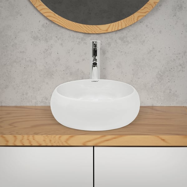 Håndvask rund form Ø 400x350 mm, hvid, keramik - inkl. afløbssæt til uden overløb