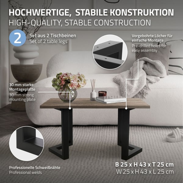 ML-Design 2-pack Bordben ARROW B38xH43 cm V-form; Metall; Svart; Industriell design; Benställning för soffbord & bänk; Bordställ Ben Möbelfötter för