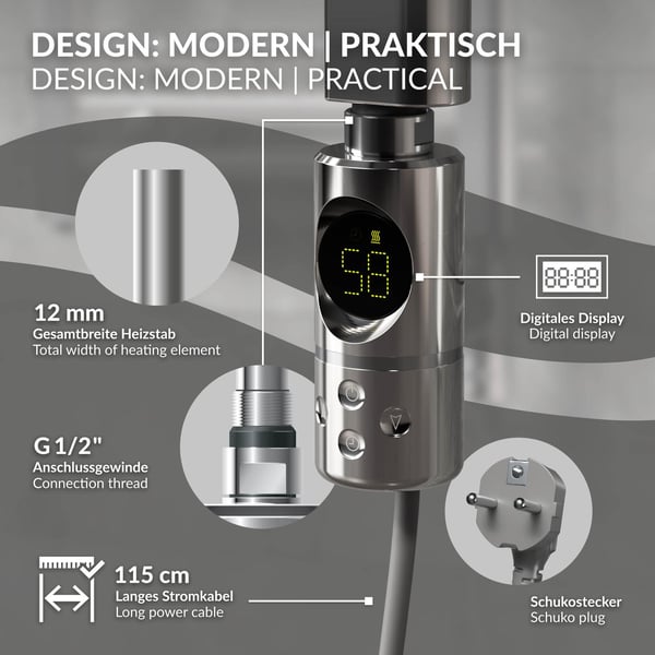 ML-Design Varmestav 900W Krom med termostat og LCD-skærm; Elektronisk temperaturregulator og timing-funktion; Varmelegeme til badeværelsesradiatorer;