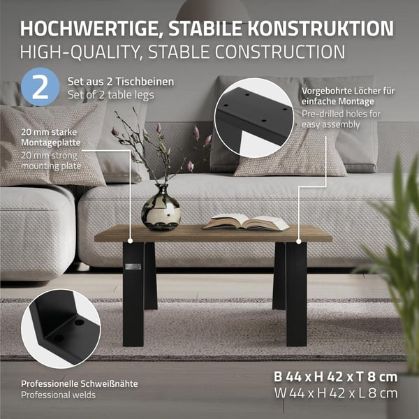 ML-Design 2 kpl pöytäjalkoja Loft 44x42 cm; musta; profiili 8x2 cm; teräksestä; teollinen muotoilu; U-muoto; metallinen pöytäkehys scandic;