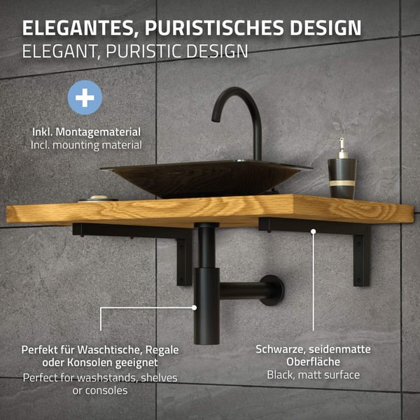 ML-Design 2 stk. Vægkonsol i L-form til håndvask; 300x150 mm Sort stål; Design håndvaskholder; Vægmontering til håndvaskplade og vask; Konsolholder
