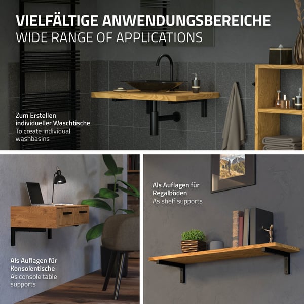 ML-Design 2 stk. Vægkonsol i L-form til håndvask; 300x150 mm Sort stål; Design håndvaskholder; Vægmontering til håndvaskplade og vask; Konsolholder