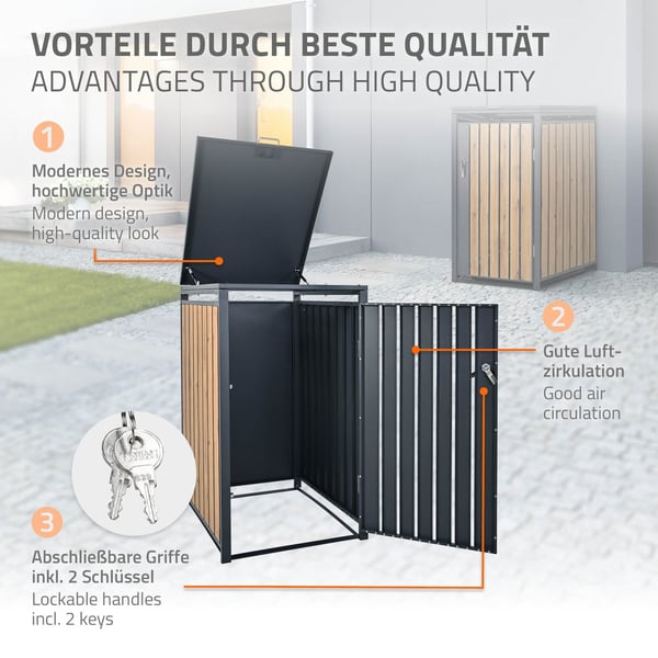 ML-Design Affaldsbeholderboks til 1 beholder; 240L 68x80x116;3 cm Antracit-Eg-look; Stål; vejrbestandig; Låsbar affaldsbeholderbeklædning med