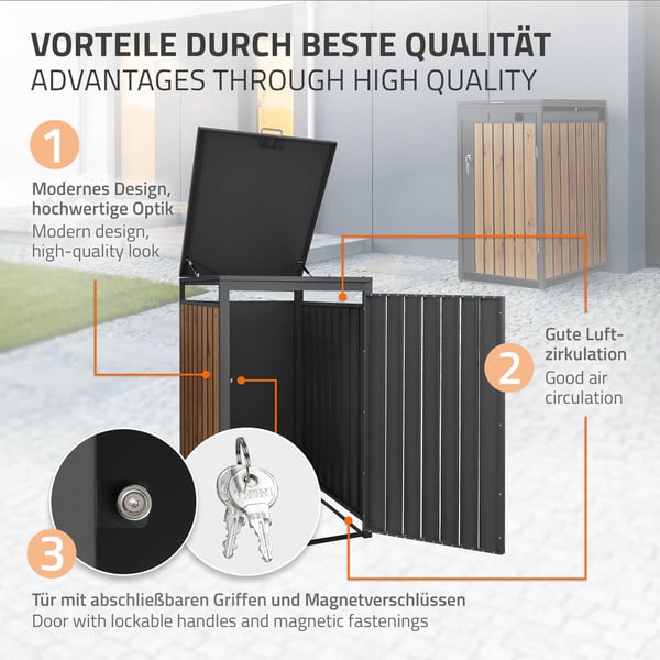 ML-Design Avfallskärlsbox för 1 kärl; 240L 68x80x116;3 cm Antracit-Ekoptik; Stål; väderbeständig; Låsbar avfallskärlsförklädnad med fällbart