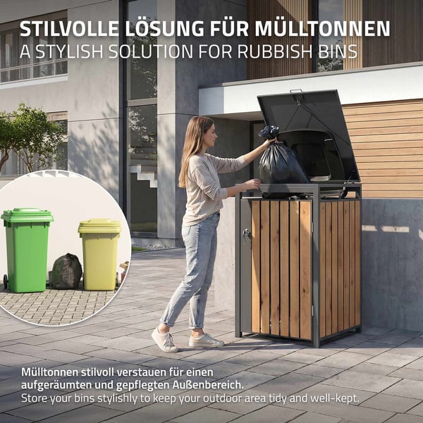 ML-Design Avfallskärlsbox för 1 kärl; 240L 68x80x116;3 cm Antracit-Ekoptik; Stål; väderbeständig; Låsbar avfallskärlsförklädnad med fällbart