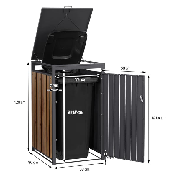 ML-Design Avfallskärlsbox för 1 kärl; 240L 68x80x116;3 cm Antracit-Ekoptik; Stål; väderbeständig; Låsbar avfallskärlsförklädnad med fällbart
